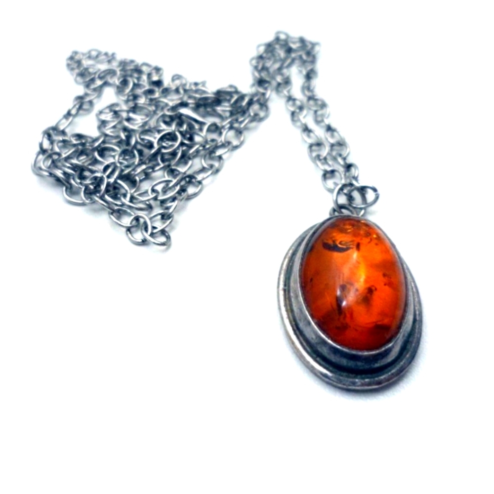 Vintage 1940s Silver & Amber Amulet with silver chain